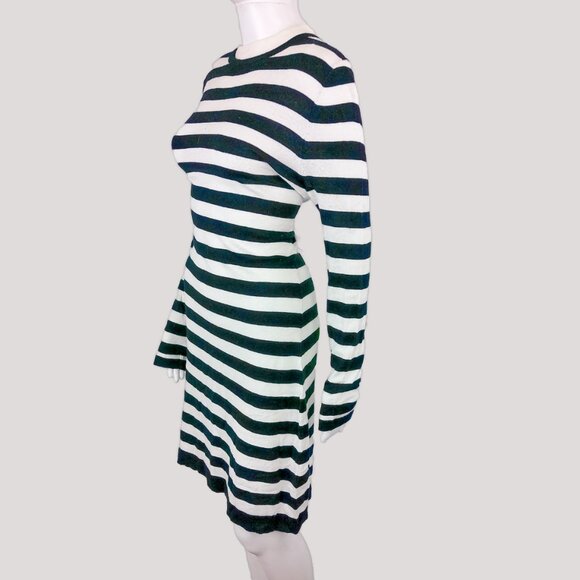 French Connection Black & White Striped Knit Aline Long Sleeve Midi Mock Dress - Picture 2 of 7